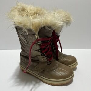 Sorel Tofino II Waterproof Winter Boots Tan Brown Red Laces Faux Fur Sz 1